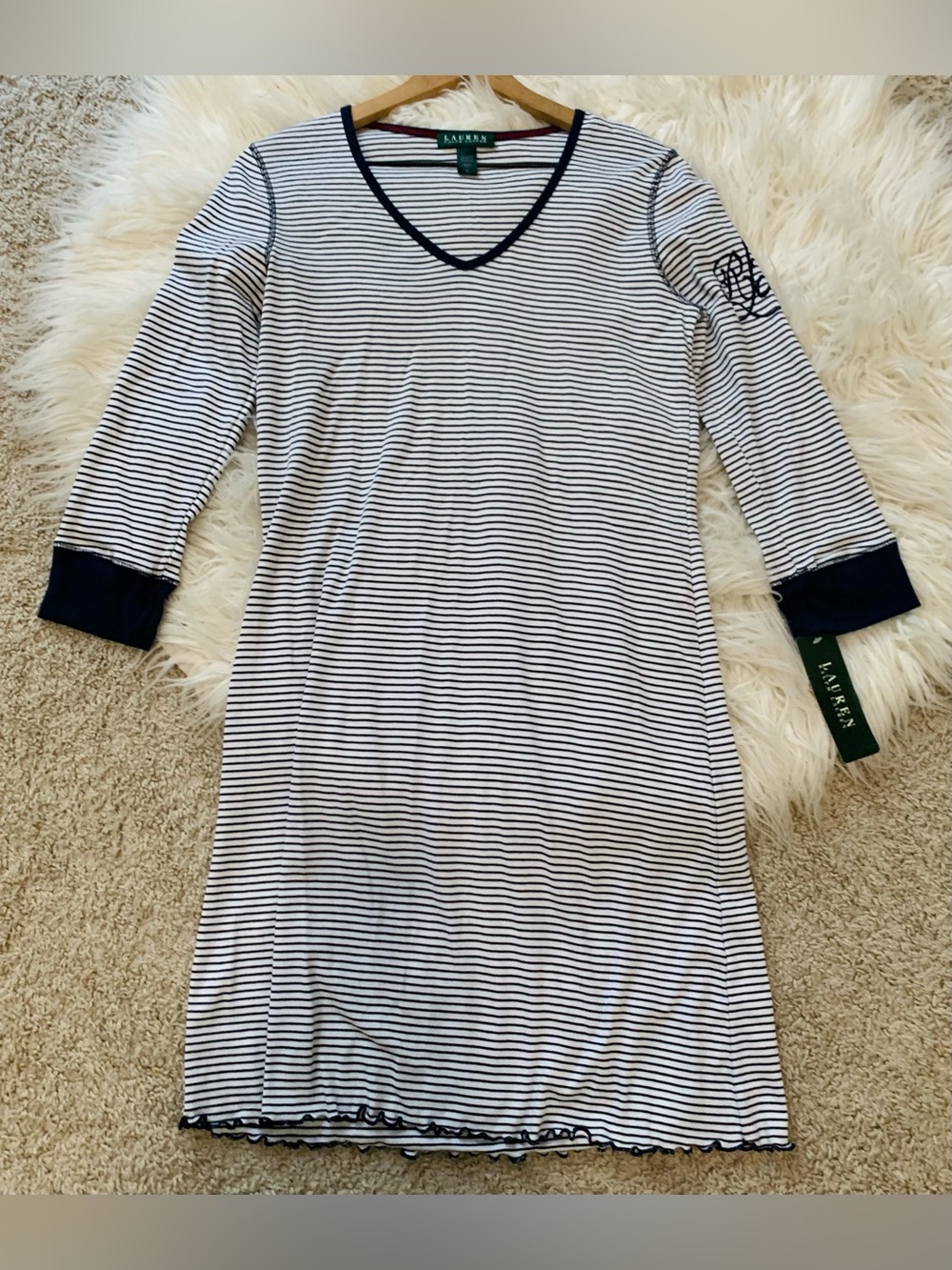 NWT Lauren Ralph Lauren Striped Pajama Sleep Shirt Blue White Size Small